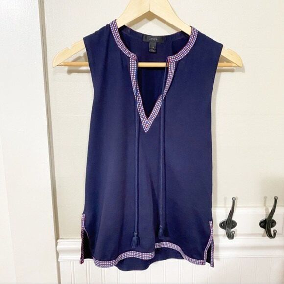 J. Crew Sleeveless Navy Top - XXS - Ribbon Trim - Deep V Neck - Picture 2 of 10